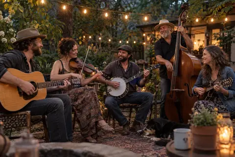 An acoustic jam circle gathered beneath backyard string lights