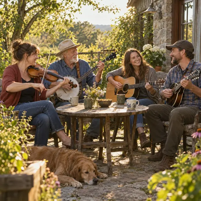 Four friends playing fiddle, banjo, guitar and mandolin around a garden table