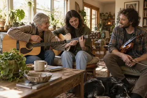 Friends sharing guitar chords during a relaxed living-room jam