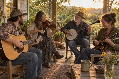 Friends playing guitar, fiddle, banjo and mandolin on a sunny porch